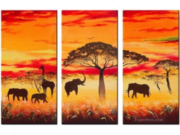 Bosque Painting -  elefantes bajo los árboles en el bosque al atardecer